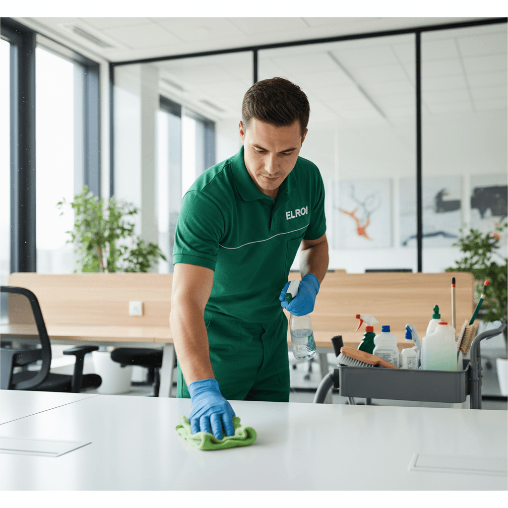 Male cleaning technician in green uniform with Elroi logo in a modern office setting