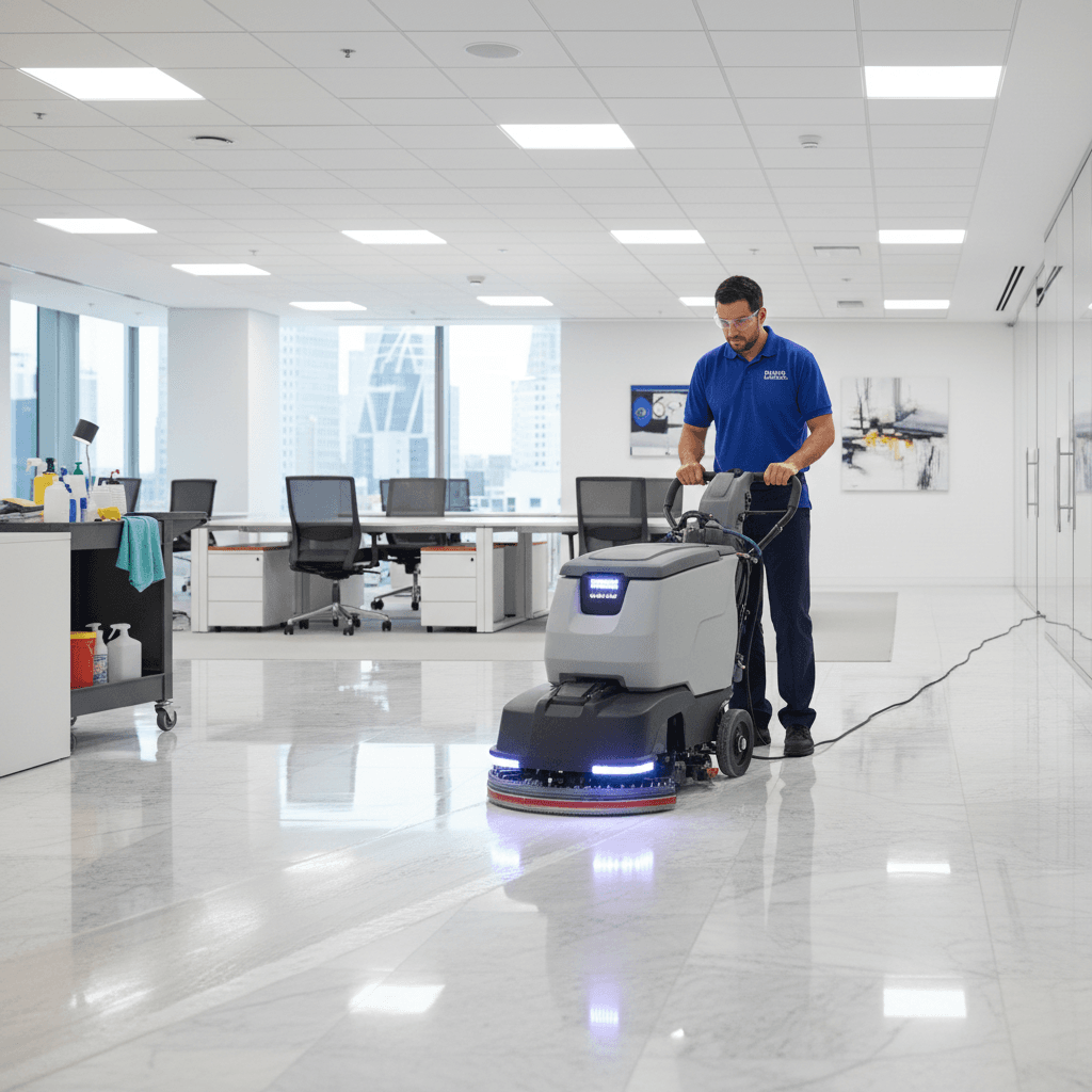 Janitorial technician performing maintenance in a modern office