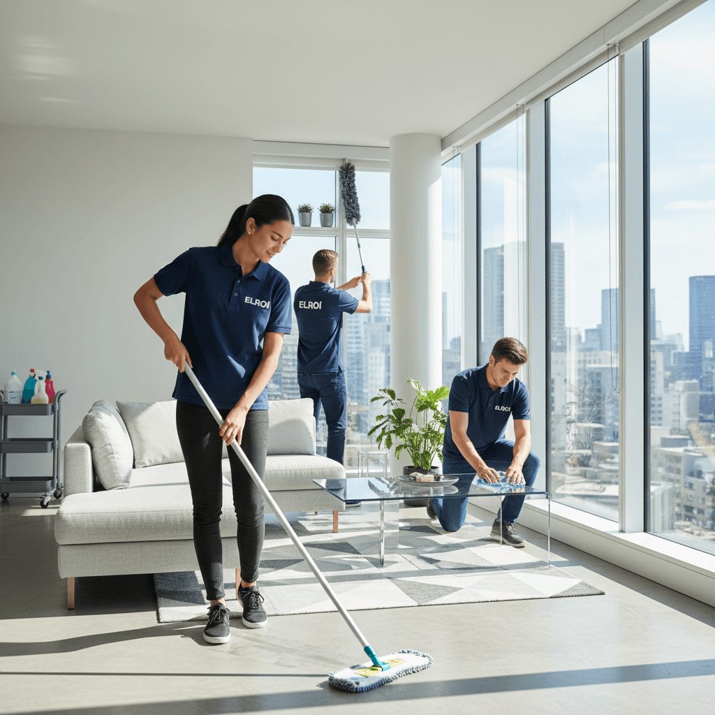 Cleaning crew in navy blue uniforms with Elroi logo cleaning a modern apartment