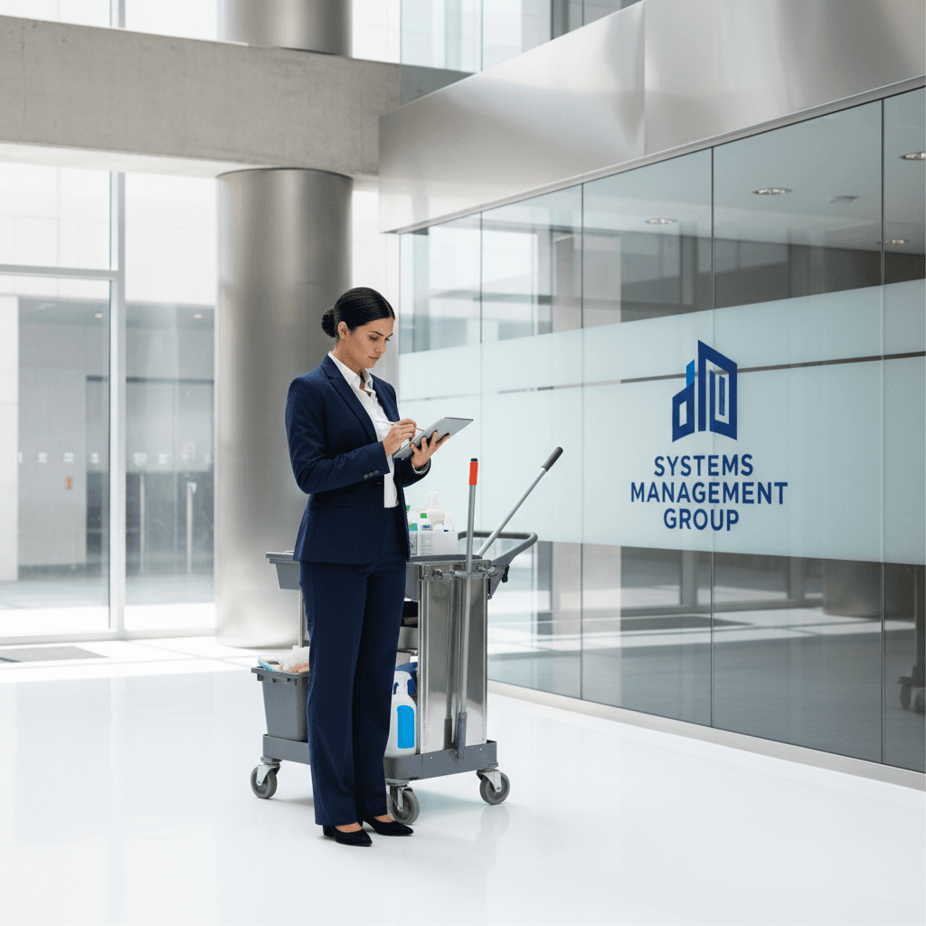 Facility manager reviewing compliance documentation in a professional setting