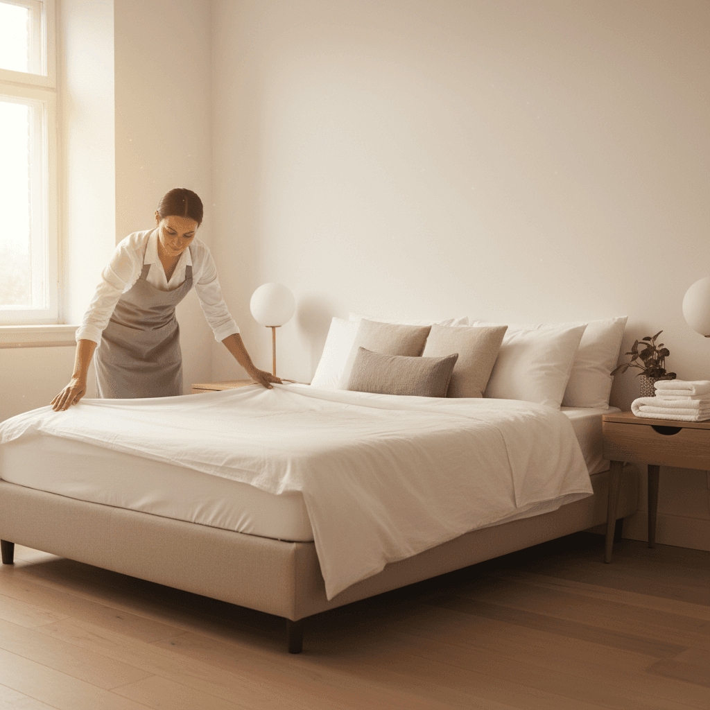 Housekeeper preparing fresh linens in a guest bedroom for turnover