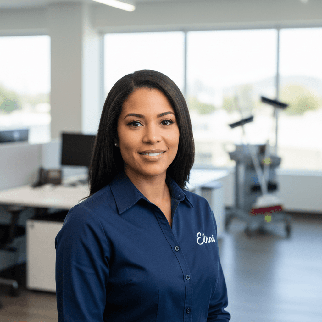Operations Lead in a navy uniform in a modern office setting