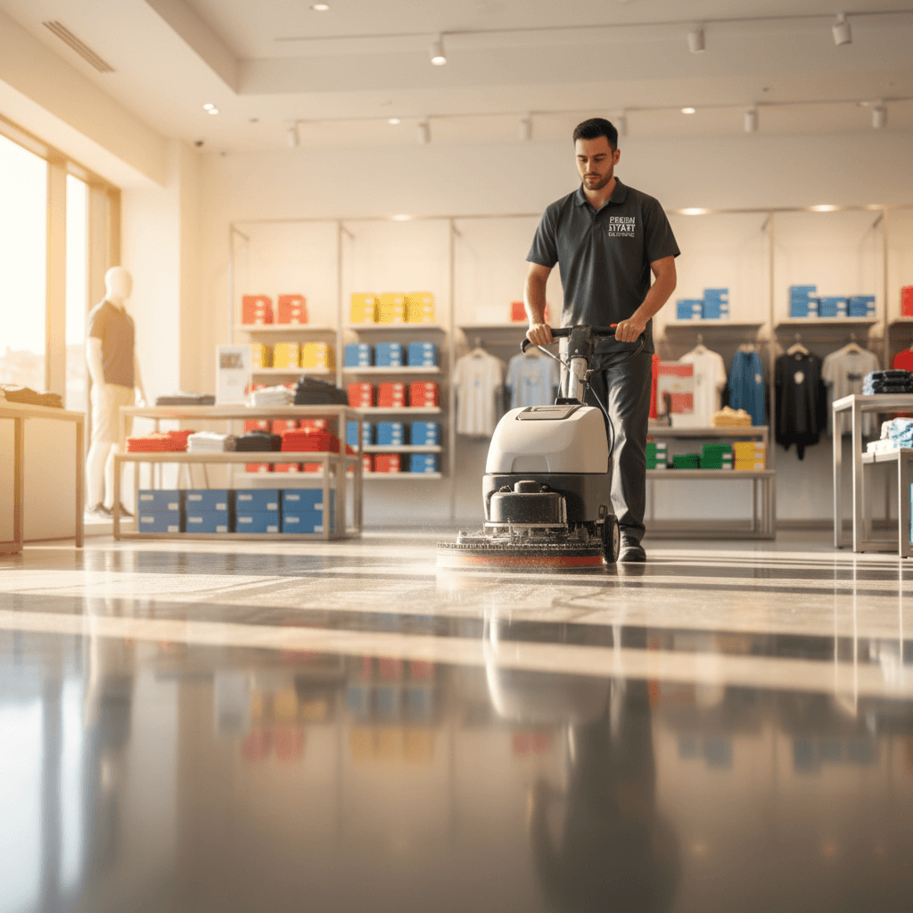 Retail store floor being professionally cleaned with attention to detail