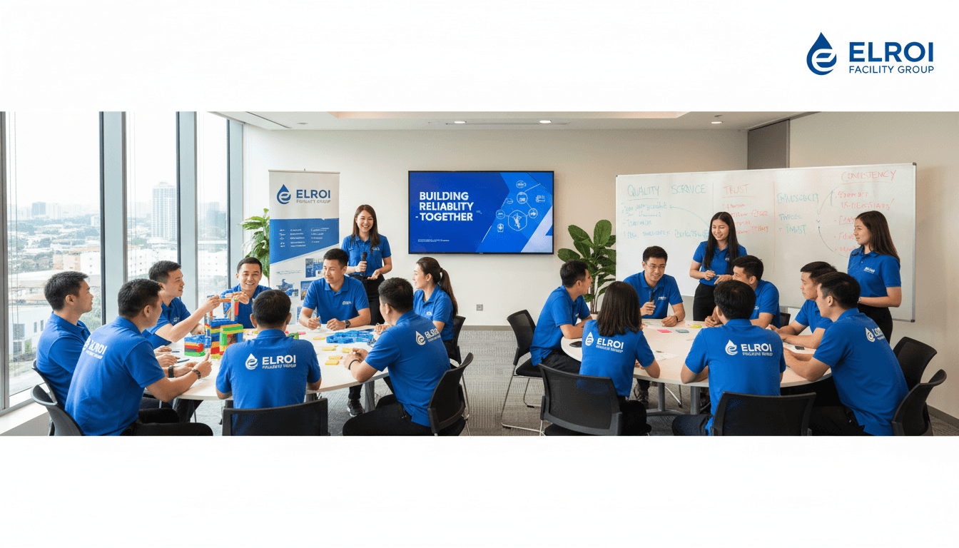 Diverse Elroi Facility Group team in uniforms at a team-building event in a modern conference room