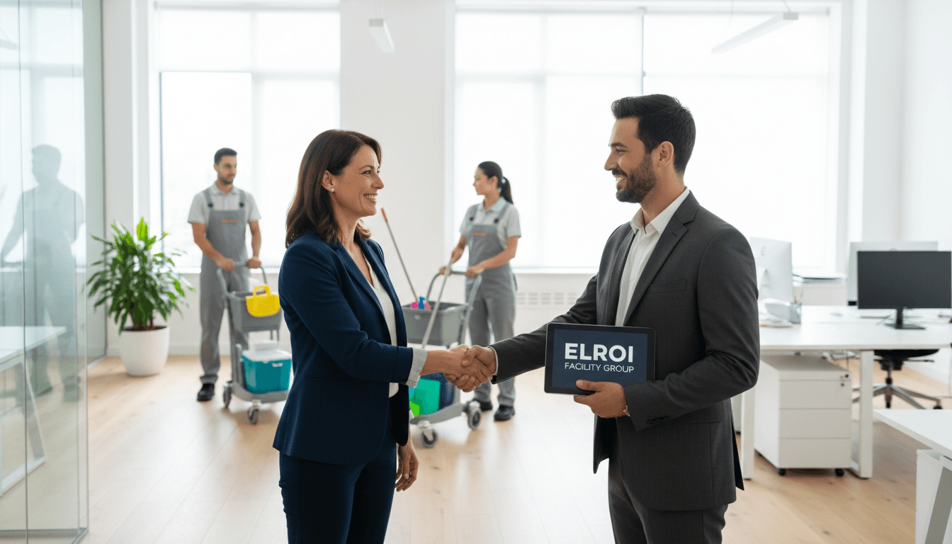 Business owner shaking hands with Elroi representative in modern office space.
