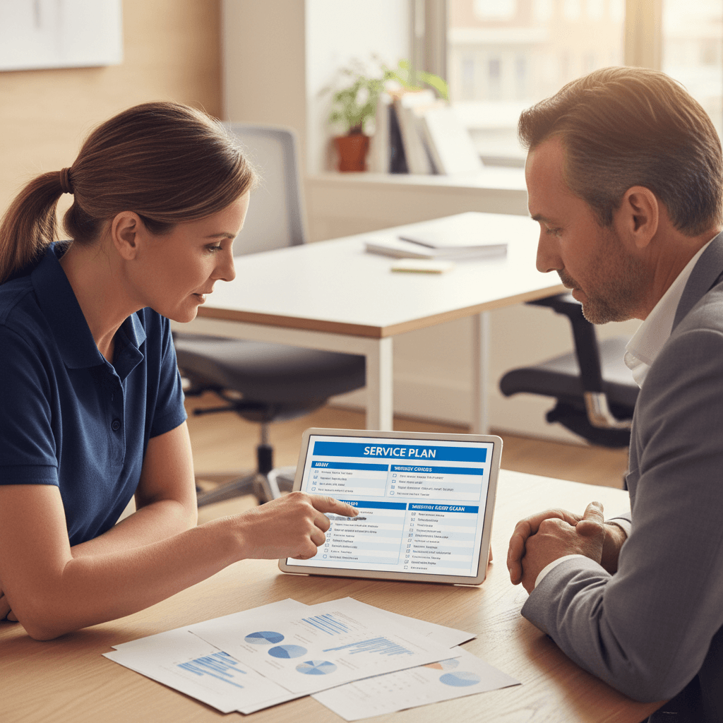 Facility manager and business owner discussing a customized service plan