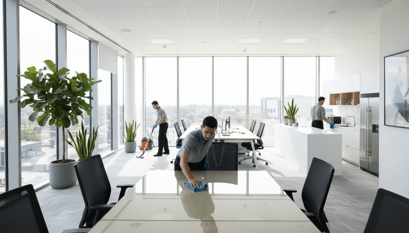 Professional cleaning team maintaining modern office space with glass conference table and natural window light during daytime maintenance service.