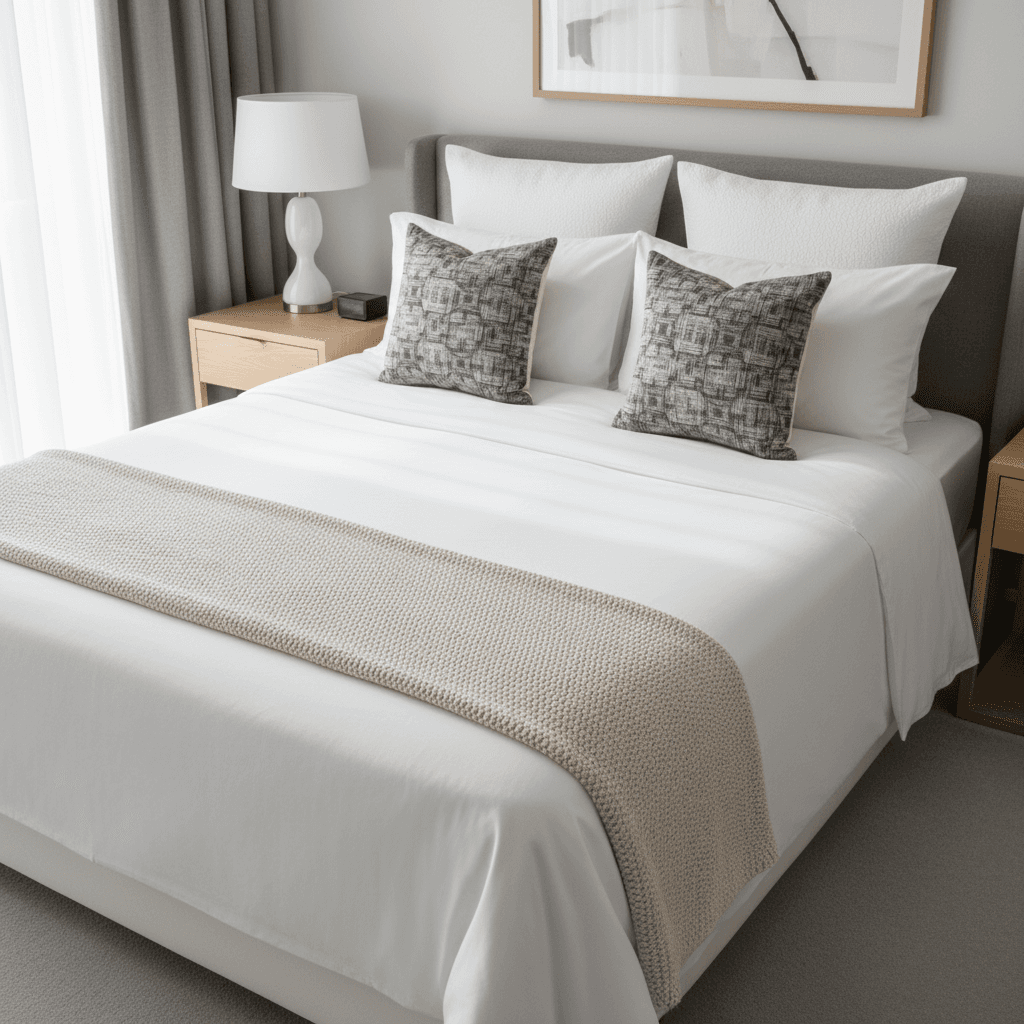 Impeccably made hotel bed with crisp white linens and decorative pillows in serene, well-lit guest room